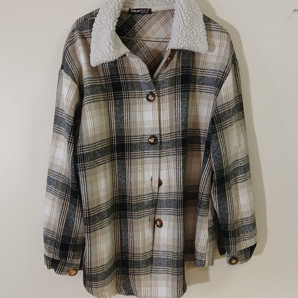 Shein xsmall shirt jacket - plaid tan/gray/black (fits much larger)